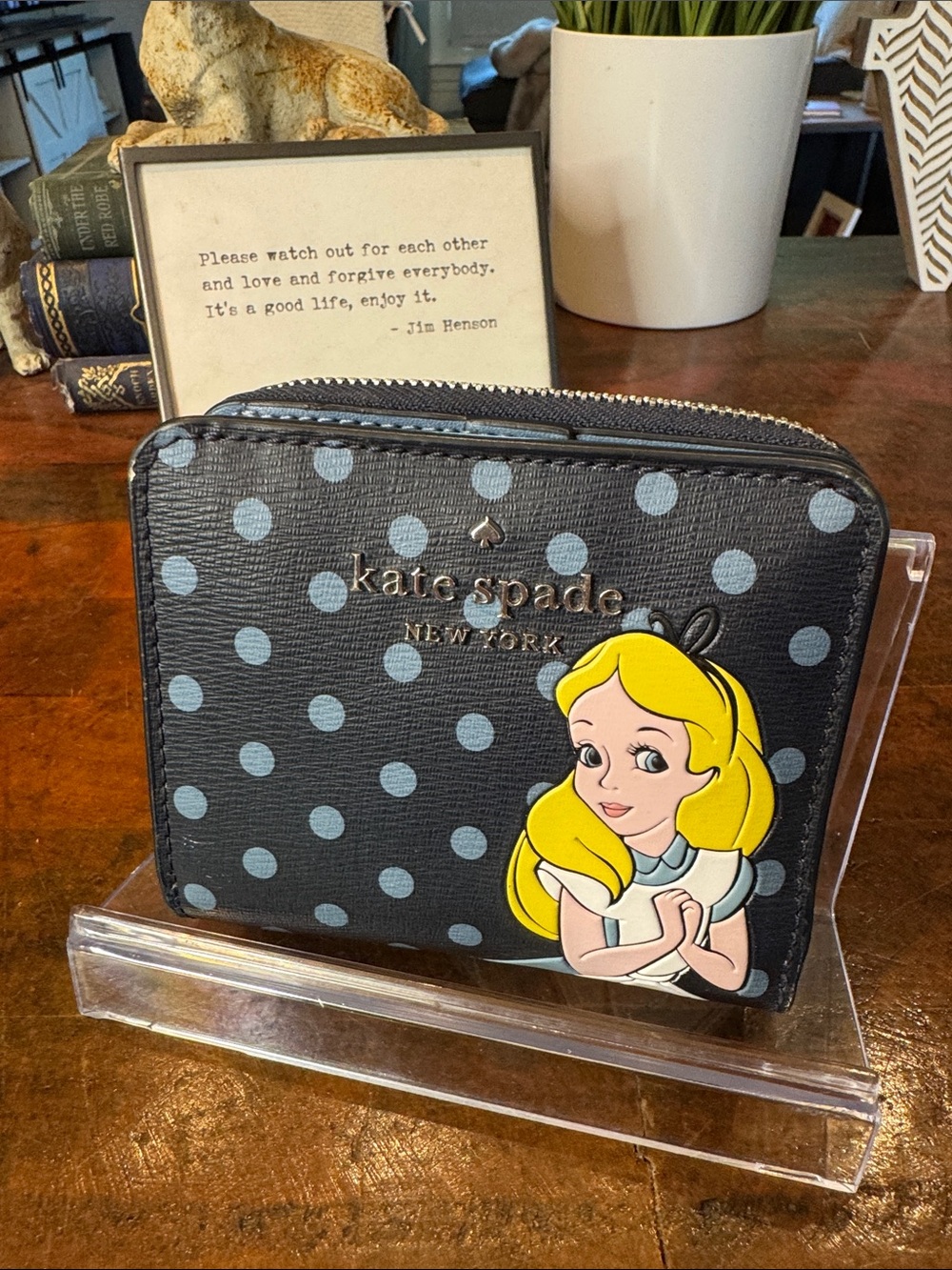 🩵kate spade Black Wallet with Light Blue Polka Dots and Alice Decal